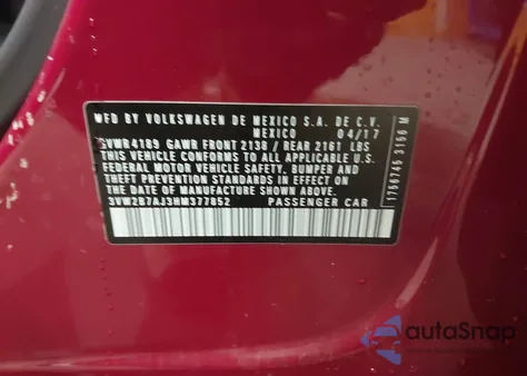 2017 Volkswagen Jetta 1.4T S из США, поврежденный, VIN 3VW2B7AJ3HM377852